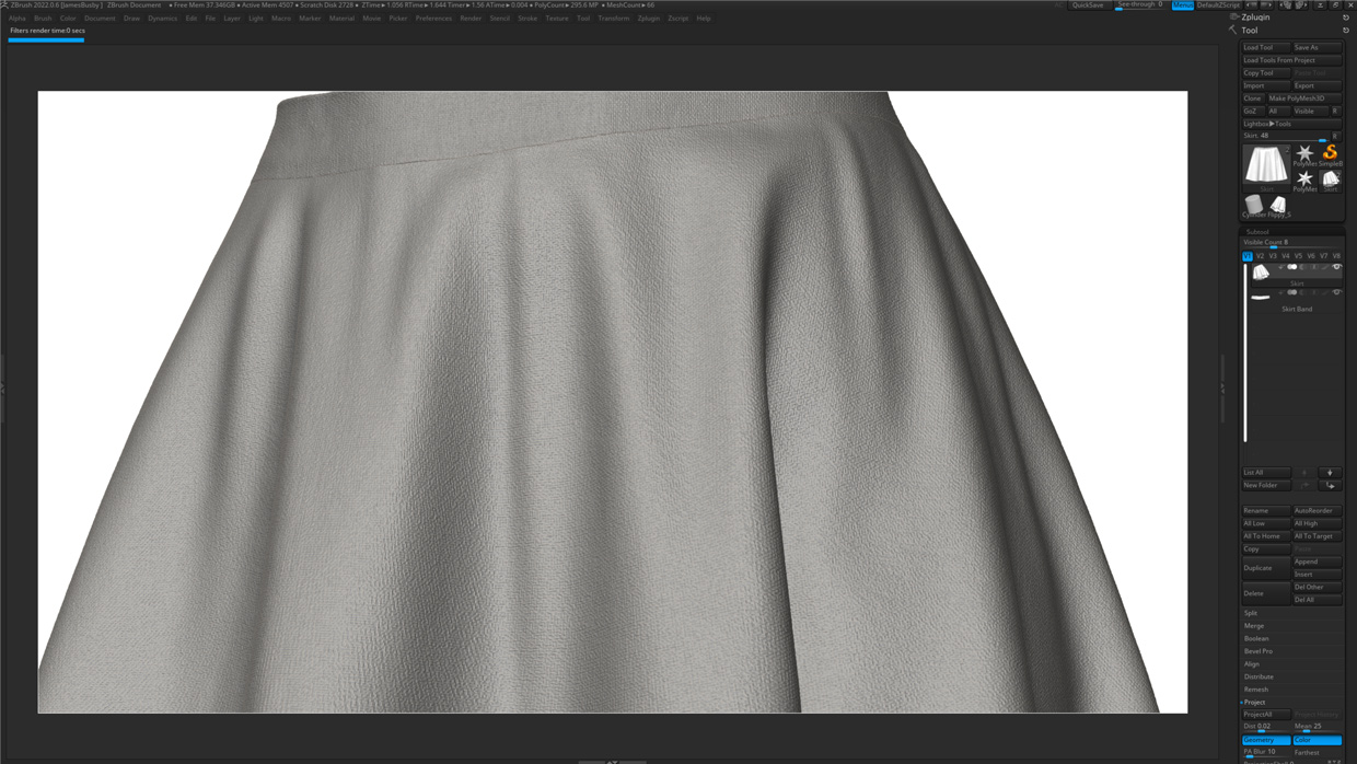 Close-up view of the female skirt high-resolution ZBrush model